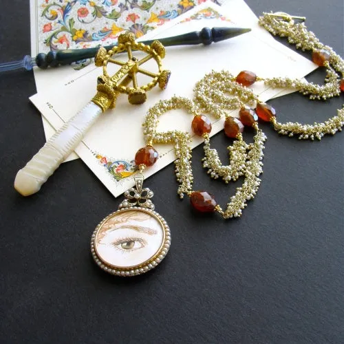 Lover’s Eye Necklace - 9K Gold Victorian Pearl Mourning Locket Seed Pearl Hessonite Garnet - Suzanne Necklace