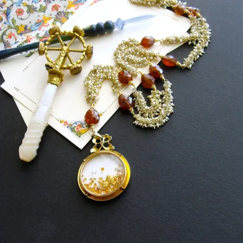 Lover’s Eye Necklace - 9K Gold Victorian Pearl Mourning Locket Seed Pearl Hessonite Garnet - Suzanne Necklace