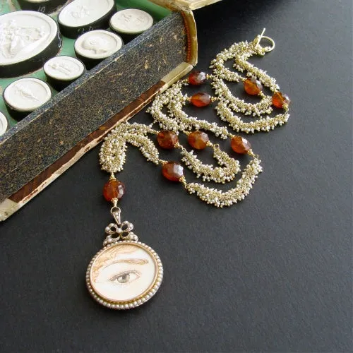 Lover’s Eye Necklace - 9K Gold Victorian Pearl Mourning Locket Seed Pearl Hessonite Garnet - Suzanne Necklace