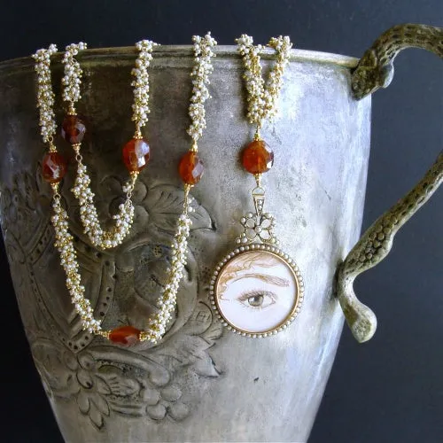 Lover’s Eye Necklace - 9K Gold Victorian Pearl Mourning Locket Seed Pearl Hessonite Garnet - Suzanne Necklace