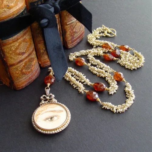 Lover’s Eye Necklace - 9K Gold Victorian Pearl Mourning Locket Seed Pearl Hessonite Garnet - Suzanne Necklace