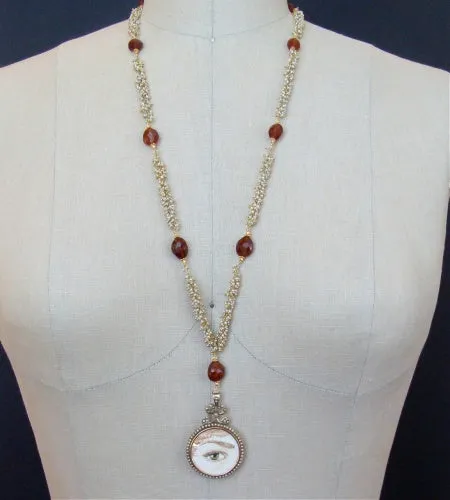Lover’s Eye Necklace - 9K Gold Victorian Pearl Mourning Locket Seed Pearl Hessonite Garnet - Suzanne Necklace
