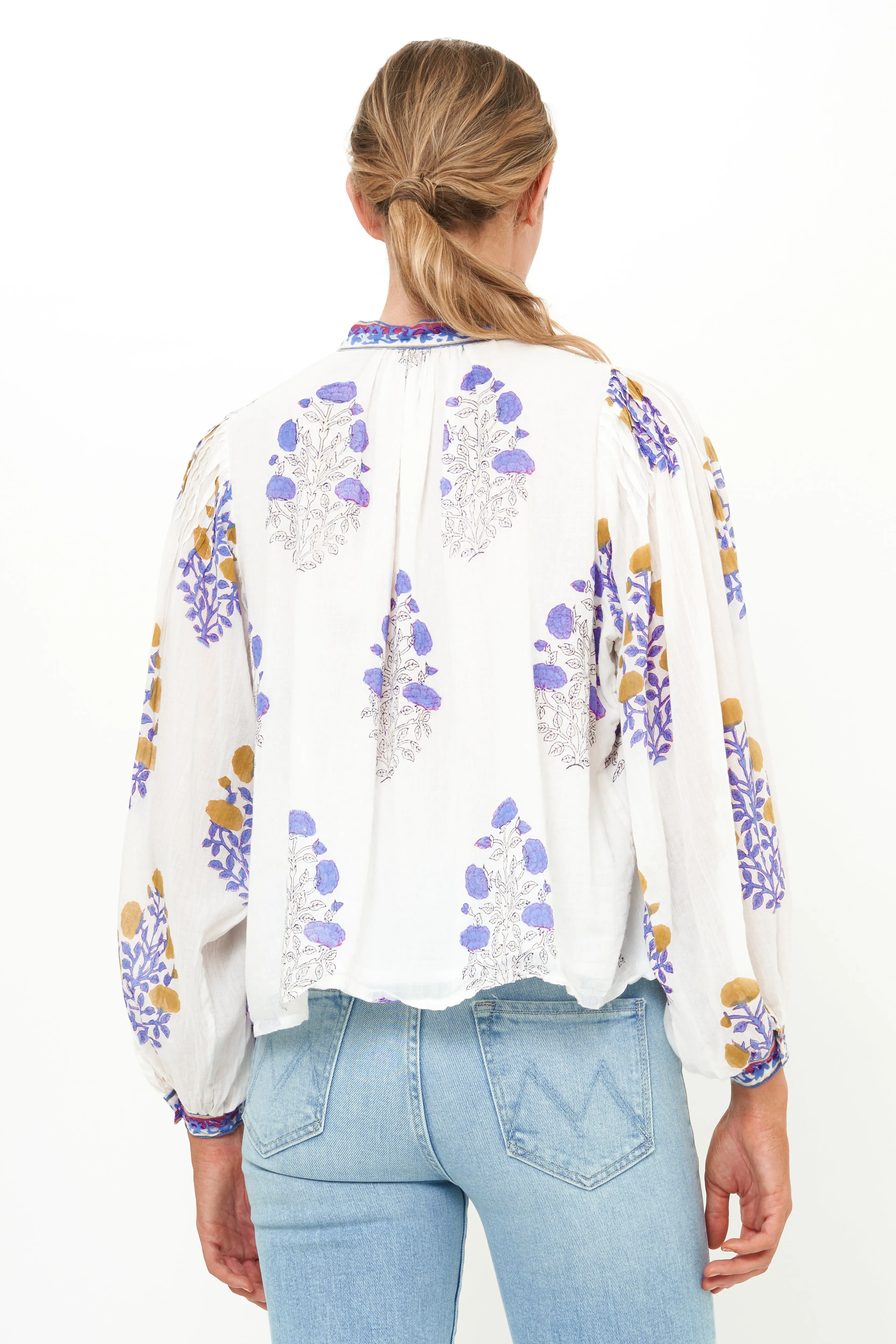 Mandarin Pintuck Blouse- Napa Blue