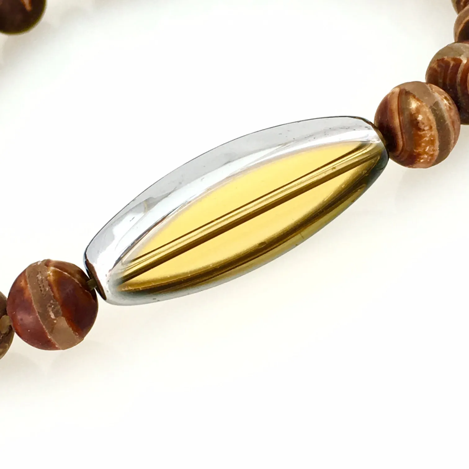 Matte Brown Agate-striped Jasper & Oval Glass Men's Bracelet