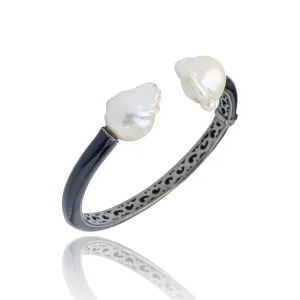 MCL Design Sterling Silver Cuff Bracelet with Black Enamel & White Pearl