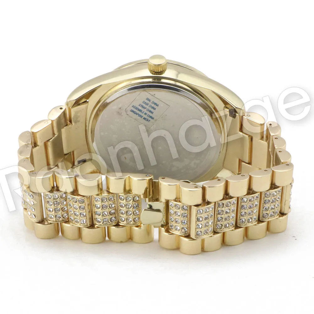 Men G-EAZY Hip Hop 14K Gold PT Luxury Bling Watch Sandblast Bracelet Set F23G