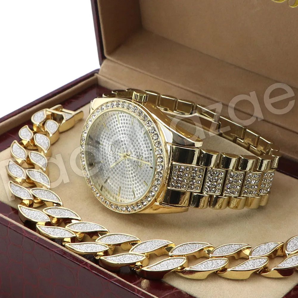Men G-EAZY Hip Hop 14K Gold PT Luxury Bling Watch Sandblast Bracelet Set F23G
