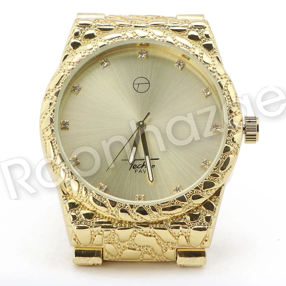 Men Hip Hop 14K Gold PT Luxury Bling Watch Sandblast Bracelet Set F26G