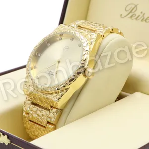 Men Hip Hop 14K Gold PT Luxury Bling Watch Sandblast Bracelet Set F26G