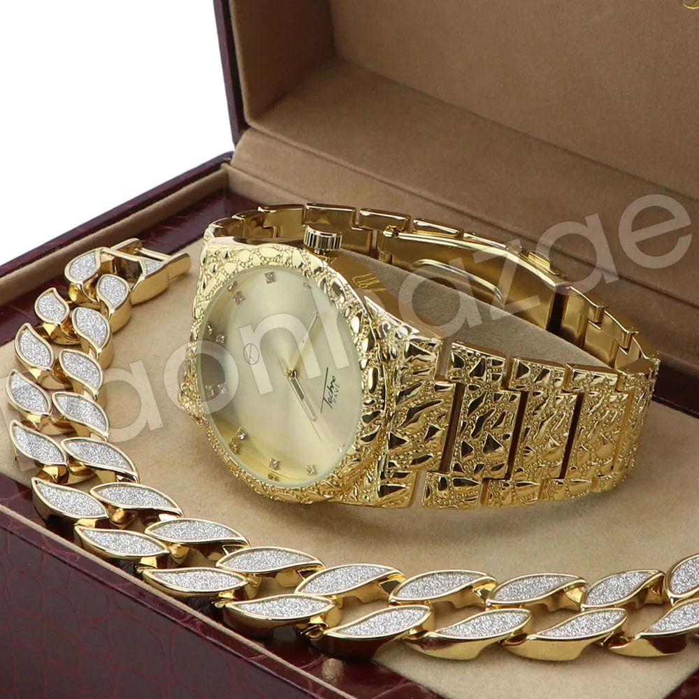 Men Hip Hop 14K Gold PT Luxury Bling Watch Sandblast Bracelet Set F26G