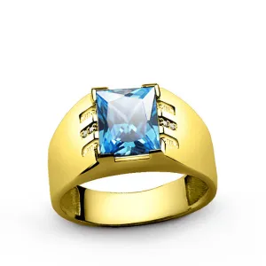 Men's Diamonds Ring in 14k Yellow Gold with blue Topaz Gemstone
