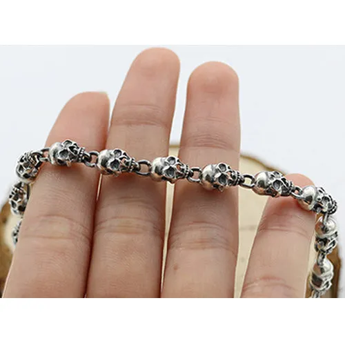 Men‘s Real 925 Sterling Silver Bracelet Link Chain Skulls Womens 6.3" - 8.7"