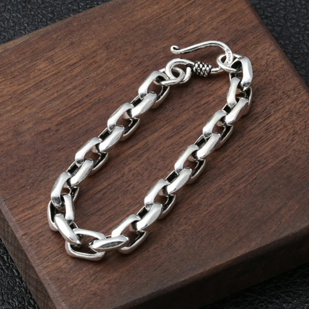 Men's Solid 925 Sterling Silver Bracelet Link Chain Rectangle Beveled Jewelry