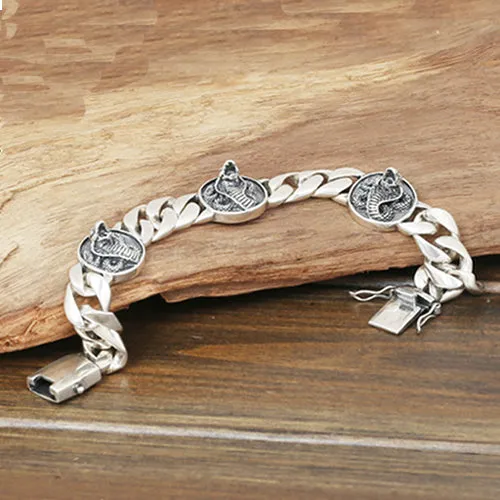 Men's Solid 925 Sterling Silver Bracelet Link King Cobra Animals Chain Jewelry 8.3"