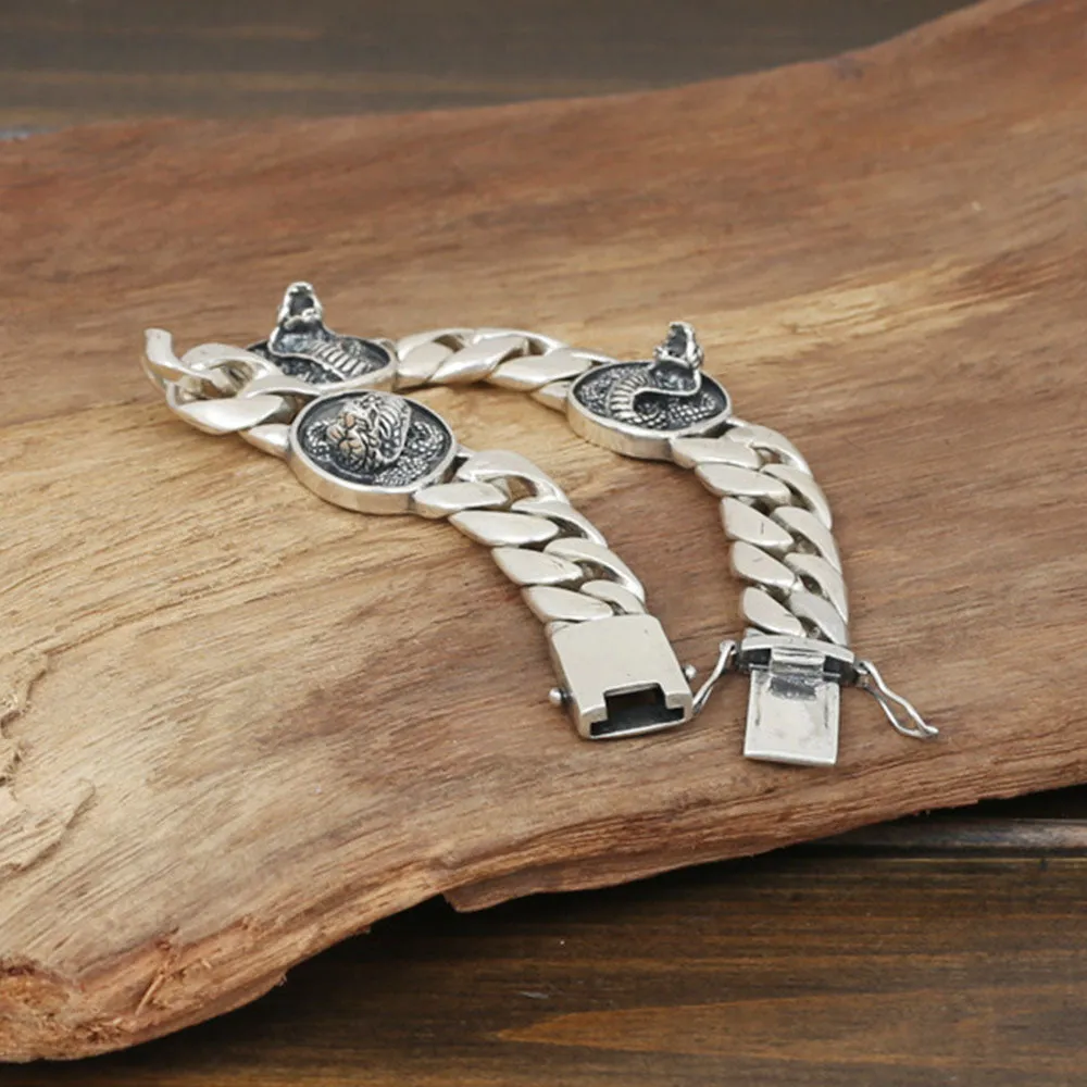 Men's Solid 925 Sterling Silver Bracelet Link King Cobra Animals Chain Jewelry 8.3"