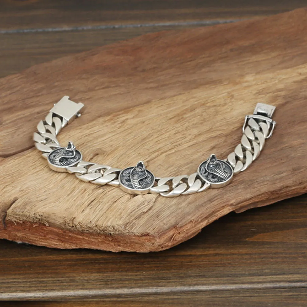 Men's Solid 925 Sterling Silver Bracelet Link King Cobra Animals Chain Jewelry 8.3"