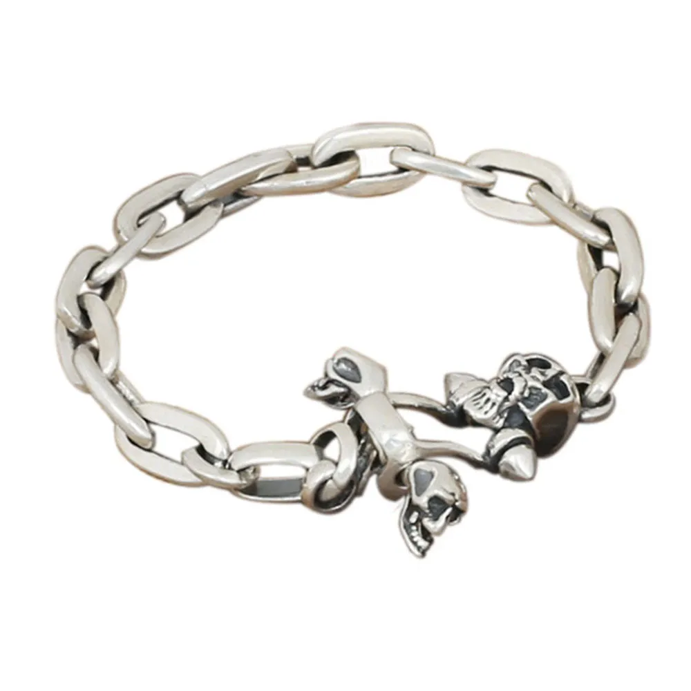 Men's Solid 925 Sterling Silver Bracelet Link Skeletons Skulls Loop Chain Jewelry
