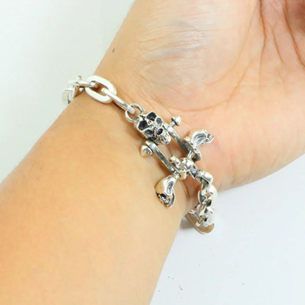 Men's Solid 925 Sterling Silver Bracelet Link Skeletons Skulls Loop Chain Jewelry