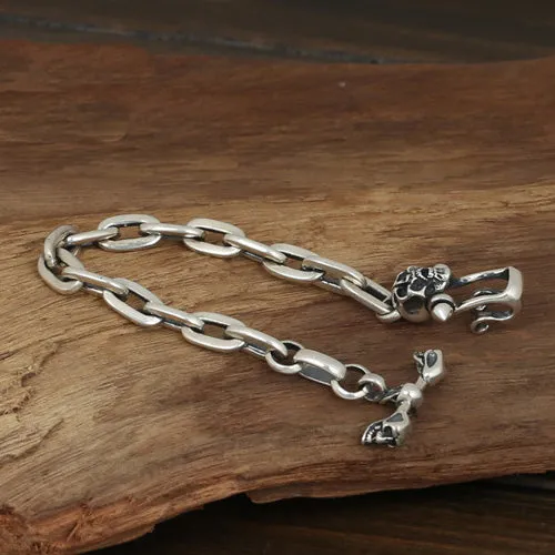 Men's Solid 925 Sterling Silver Bracelet Link Skeletons Skulls Loop Chain Jewelry