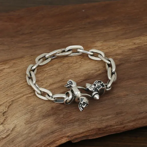 Men's Solid 925 Sterling Silver Bracelet Link Skeletons Skulls Loop Chain Jewelry