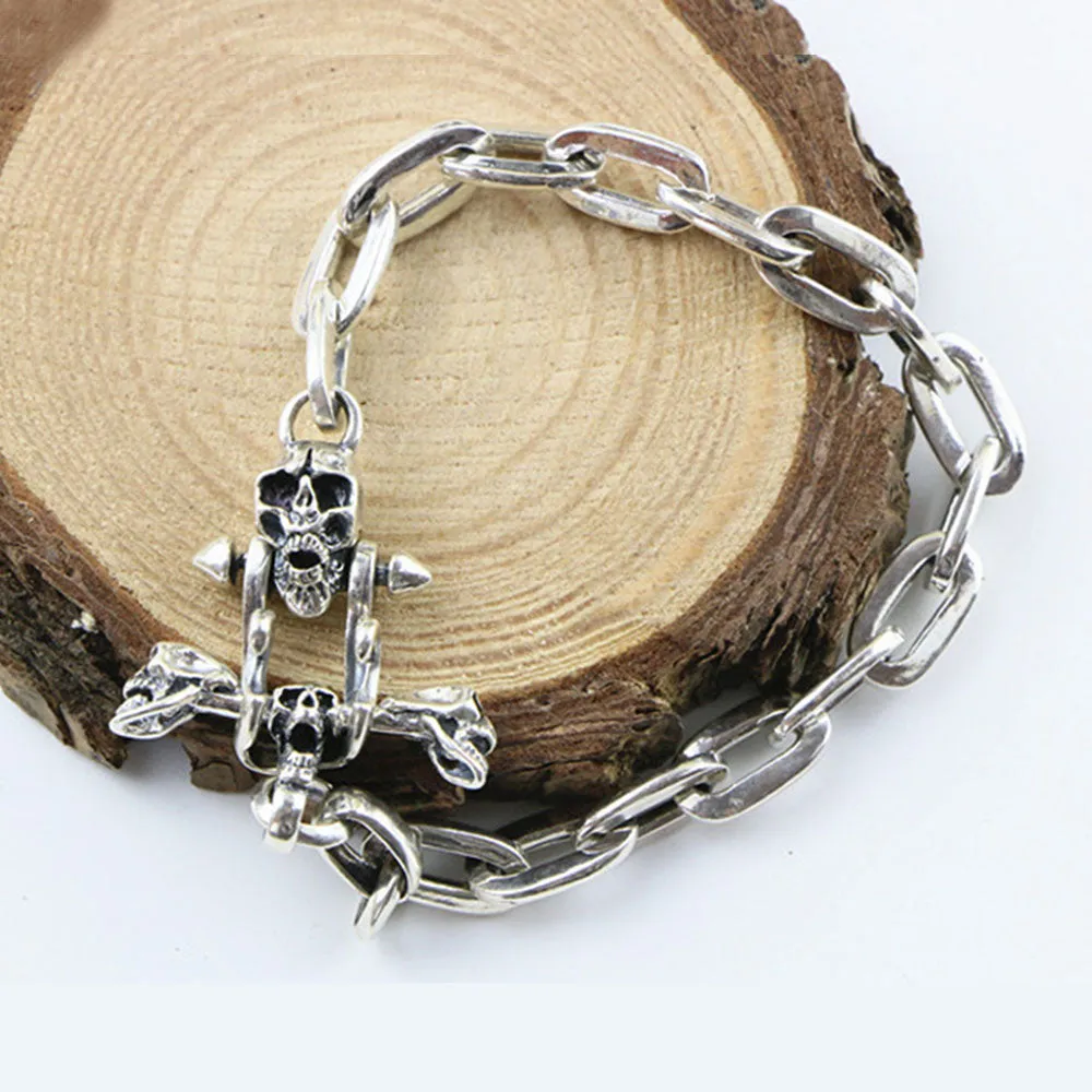 Men's Solid 925 Sterling Silver Bracelet Link Skeletons Skulls Loop Chain Jewelry