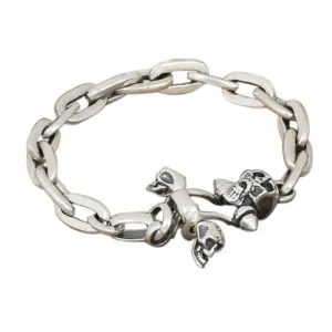 Men's Solid 925 Sterling Silver Bracelet Link Skeletons Skulls Loop Chain Jewelry