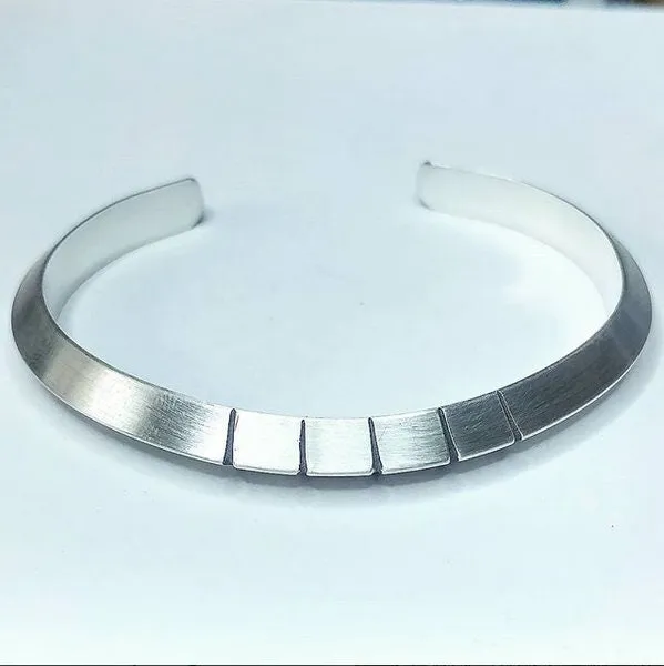Mens sterling silver triangular cuff bracelet hand cut grooves