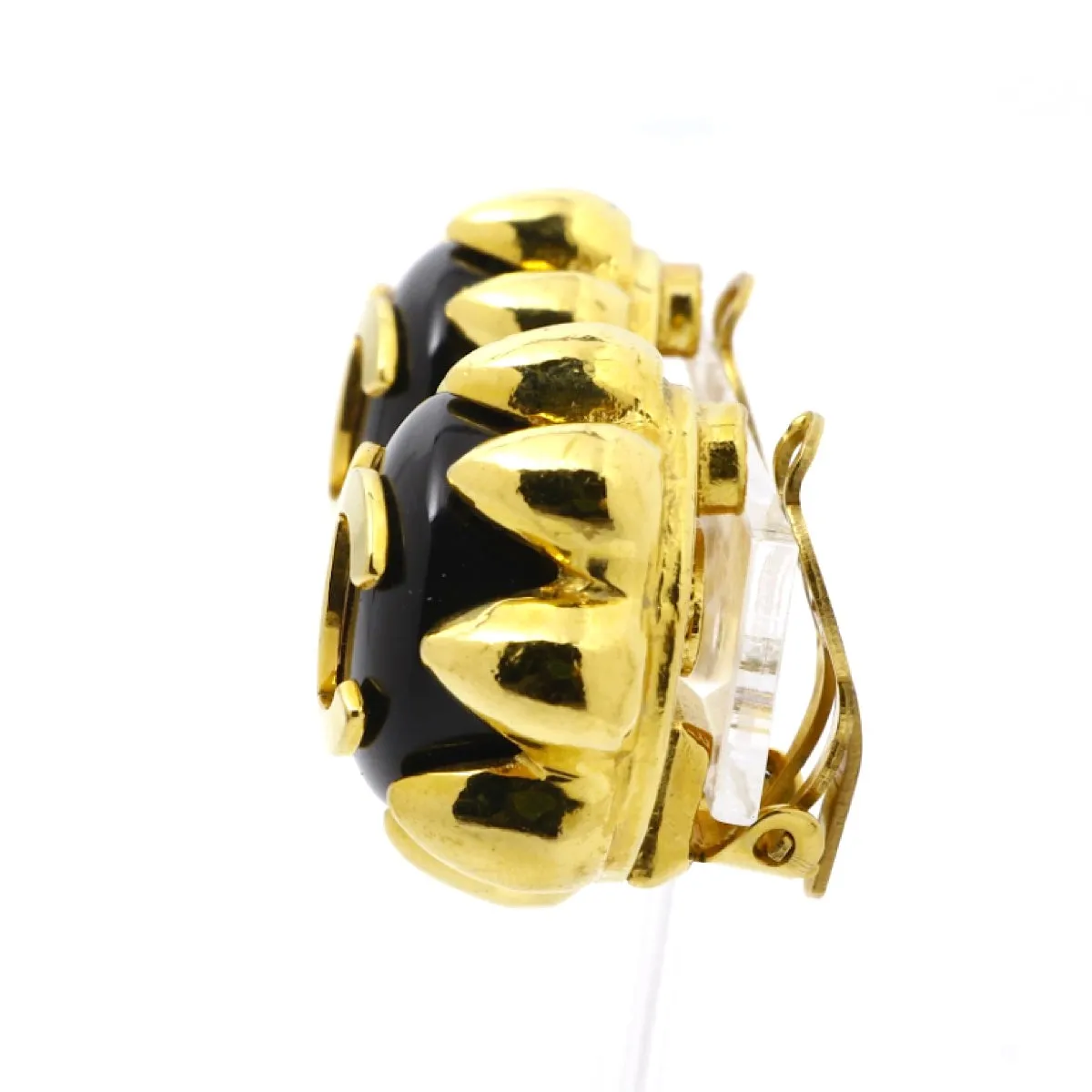 MINT. Vintage CHANEL round black and golden earrings with golden CC mark and crown frame. Bud design jewelry. 060225ac2