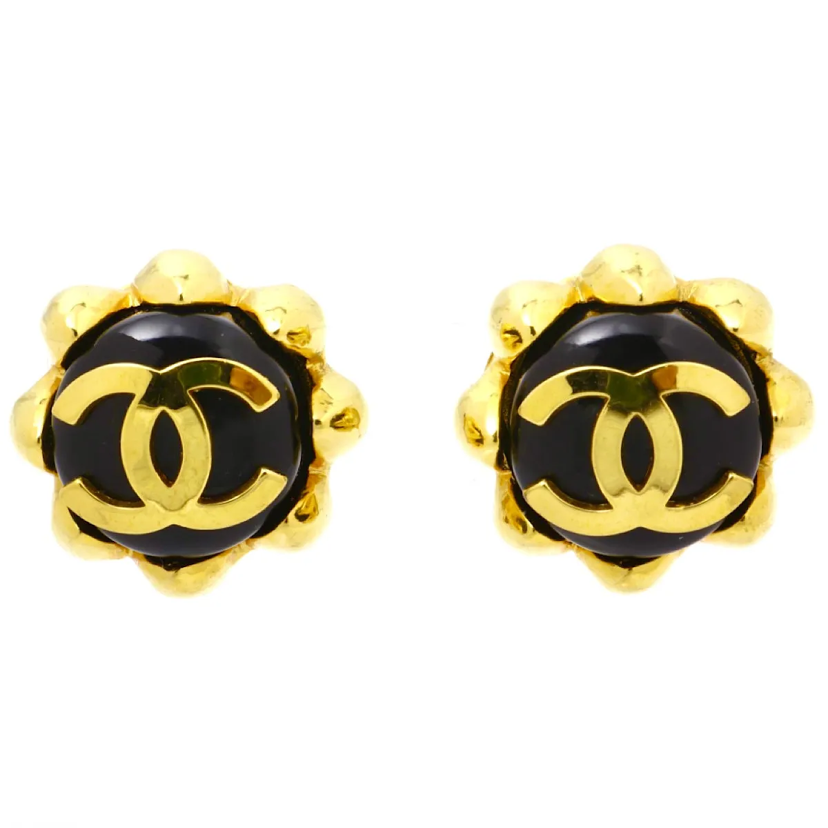 MINT. Vintage CHANEL round black and golden earrings with golden CC mark and crown frame. Bud design jewelry. 060225ac2