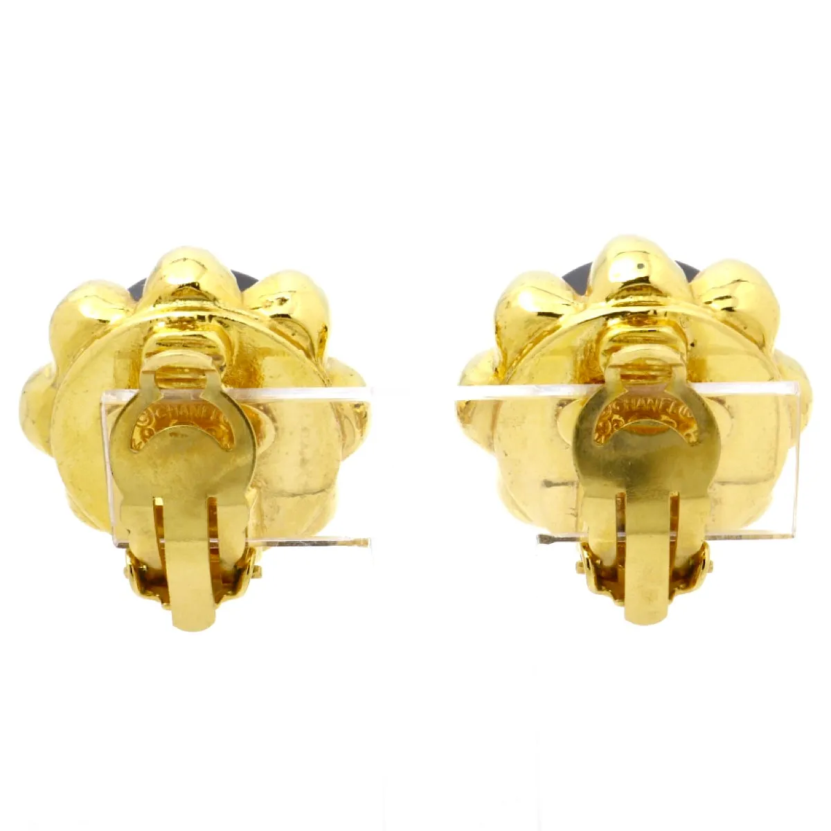 MINT. Vintage CHANEL round black and golden earrings with golden CC mark and crown frame. Bud design jewelry. 060225ac2