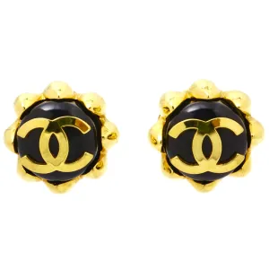 MINT. Vintage CHANEL round black and golden earrings with golden CC mark and crown frame. Bud design jewelry. 060225ac2