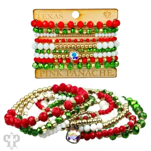 Multi-color Christmas color faceted and smooth bead stacked bracele