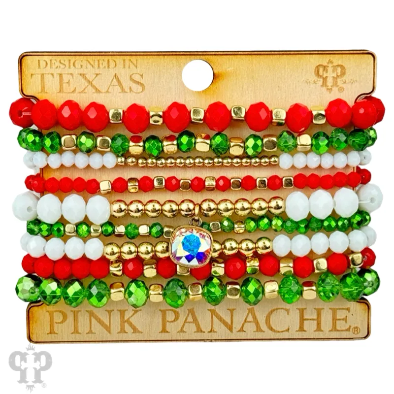 Multi-color Christmas color faceted and smooth bead stacked bracele