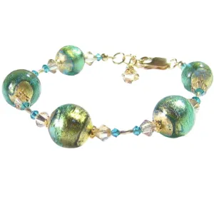 Murano Glass Aqua Gold Olive Green Bracelet with Swarovski Crystals