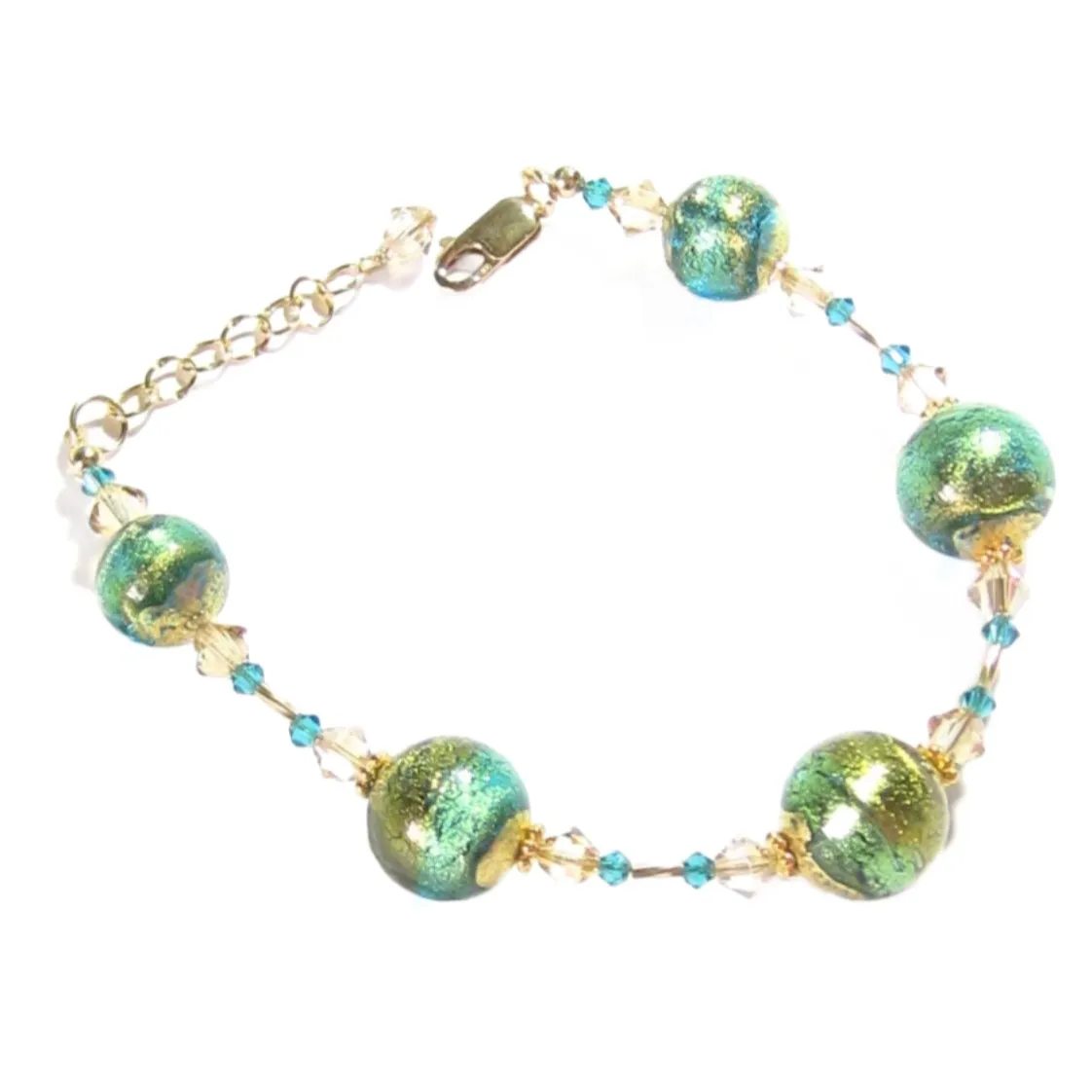 Murano Glass Aqua Gold Olive Green Bracelet with Swarovski Crystals