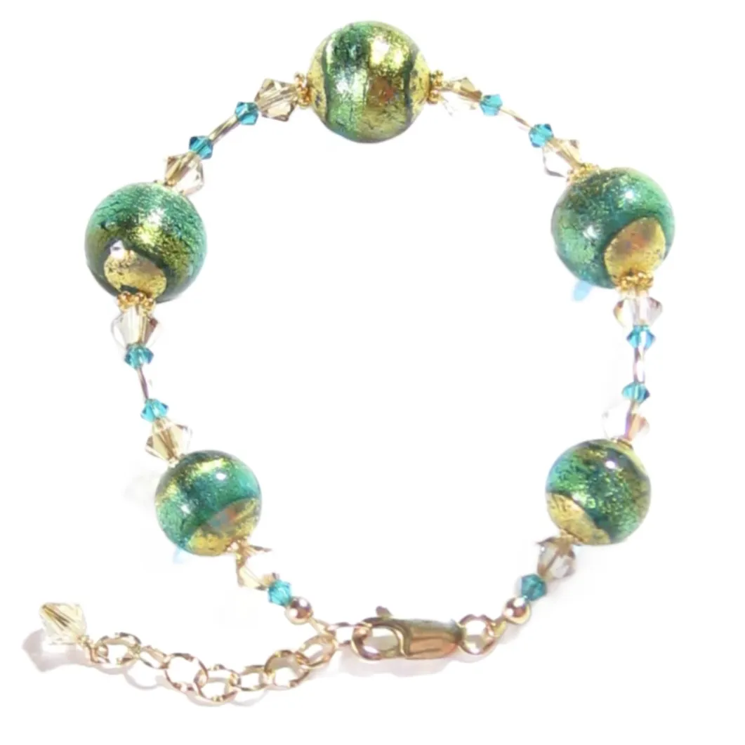 Murano Glass Aqua Gold Olive Green Bracelet with Swarovski Crystals
