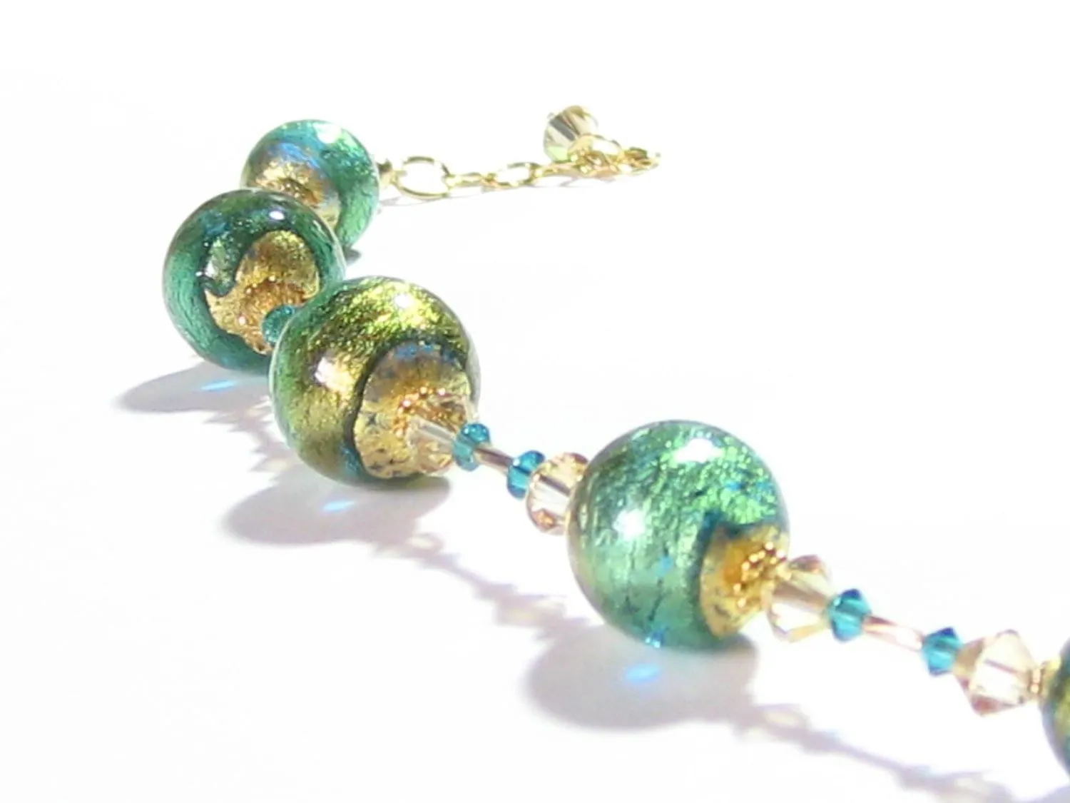 Murano Glass Aqua Gold Olive Green Bracelet with Swarovski Crystals