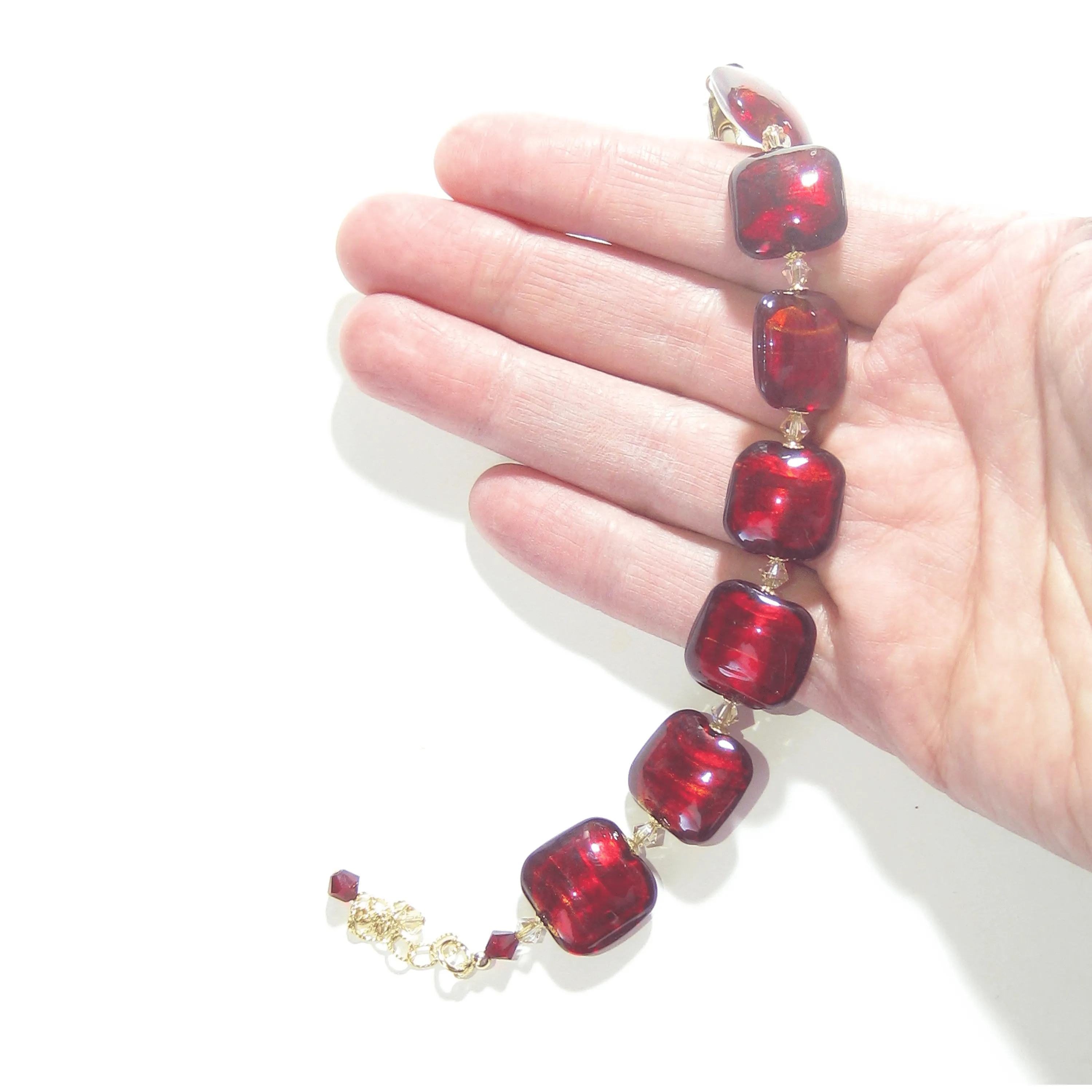 Murano Glass Red Square Gold Filled Adjustable Bracelet