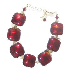 Murano Glass Red Square Gold Filled Adjustable Bracelet