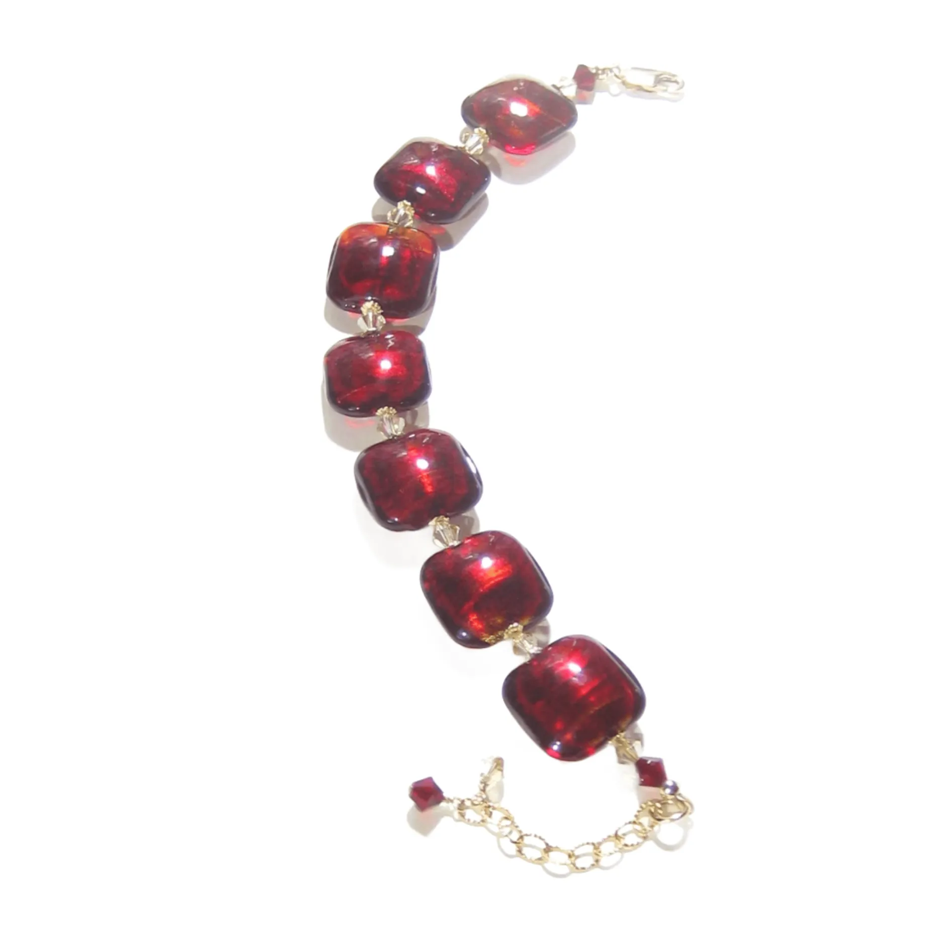 Murano Glass Red Square Gold Filled Adjustable Bracelet