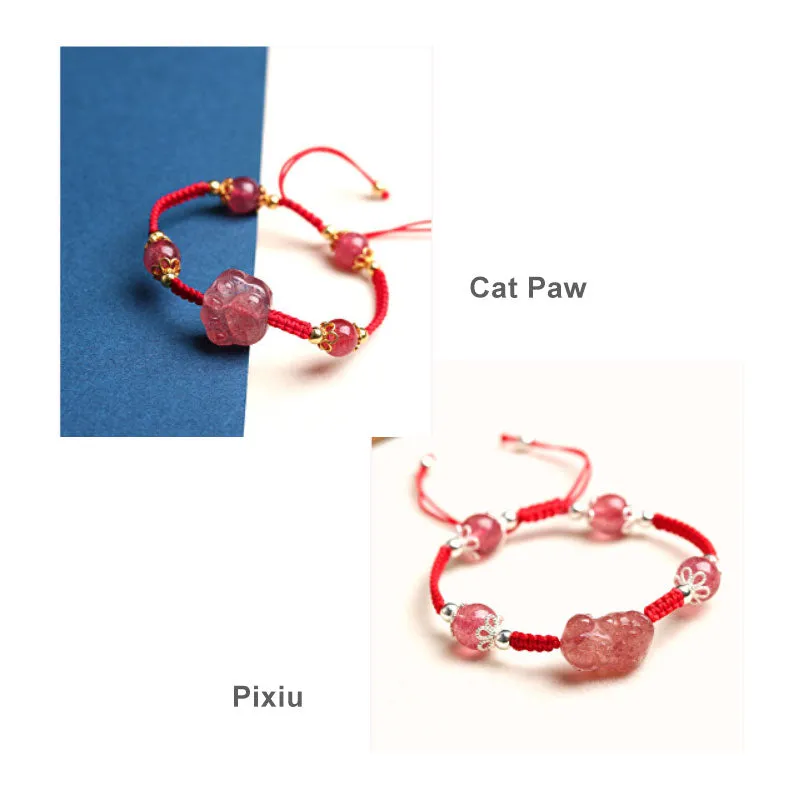 Natural Pink Crystal Pixiu/Cat Paw Bracelet with Red Hand-Woven String