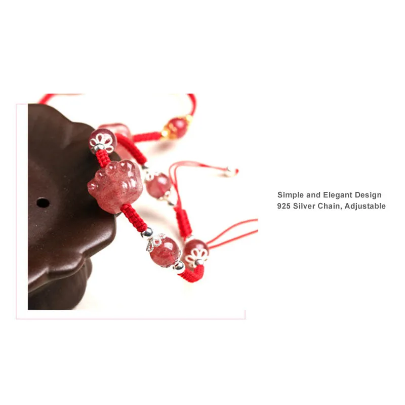 Natural Pink Crystal Pixiu/Cat Paw Bracelet with Red Hand-Woven String