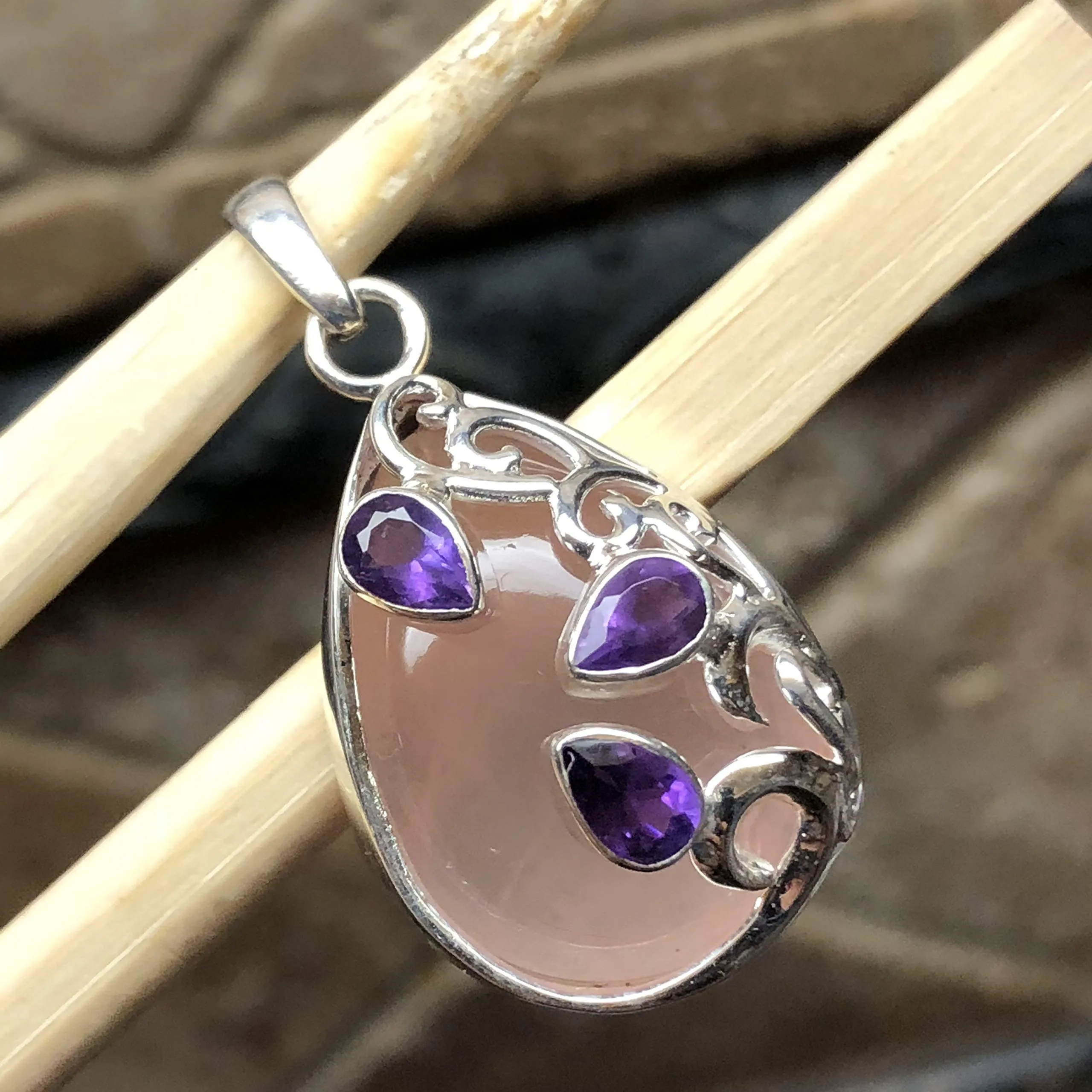 Natural Pink Rose Quartz, Amethyst 925 Solid Sterling Silver Pendant 35mm