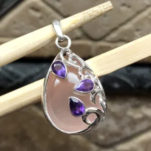 Natural Pink Rose Quartz, Amethyst 925 Solid Sterling Silver Pendant 35mm