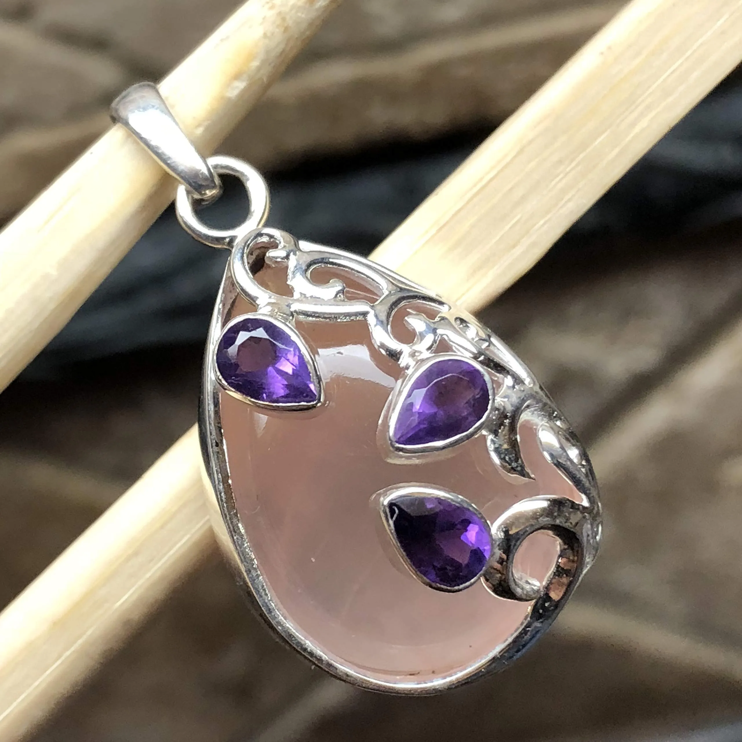 Natural Pink Rose Quartz, Amethyst 925 Solid Sterling Silver Pendant 35mm