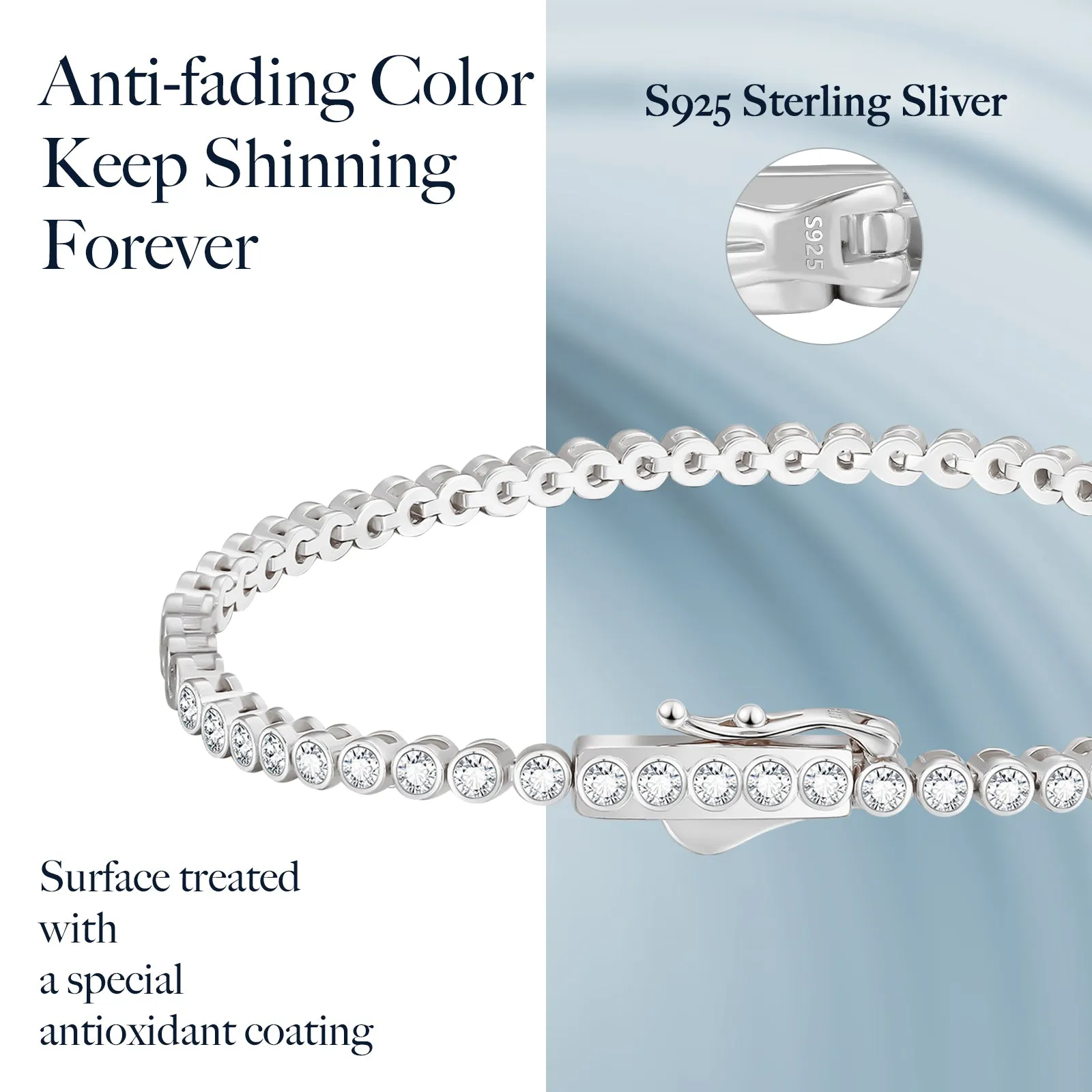 【NEW】2mm 925 Sterling Silver CZ Round Cut Tennis Bracelet KRKC