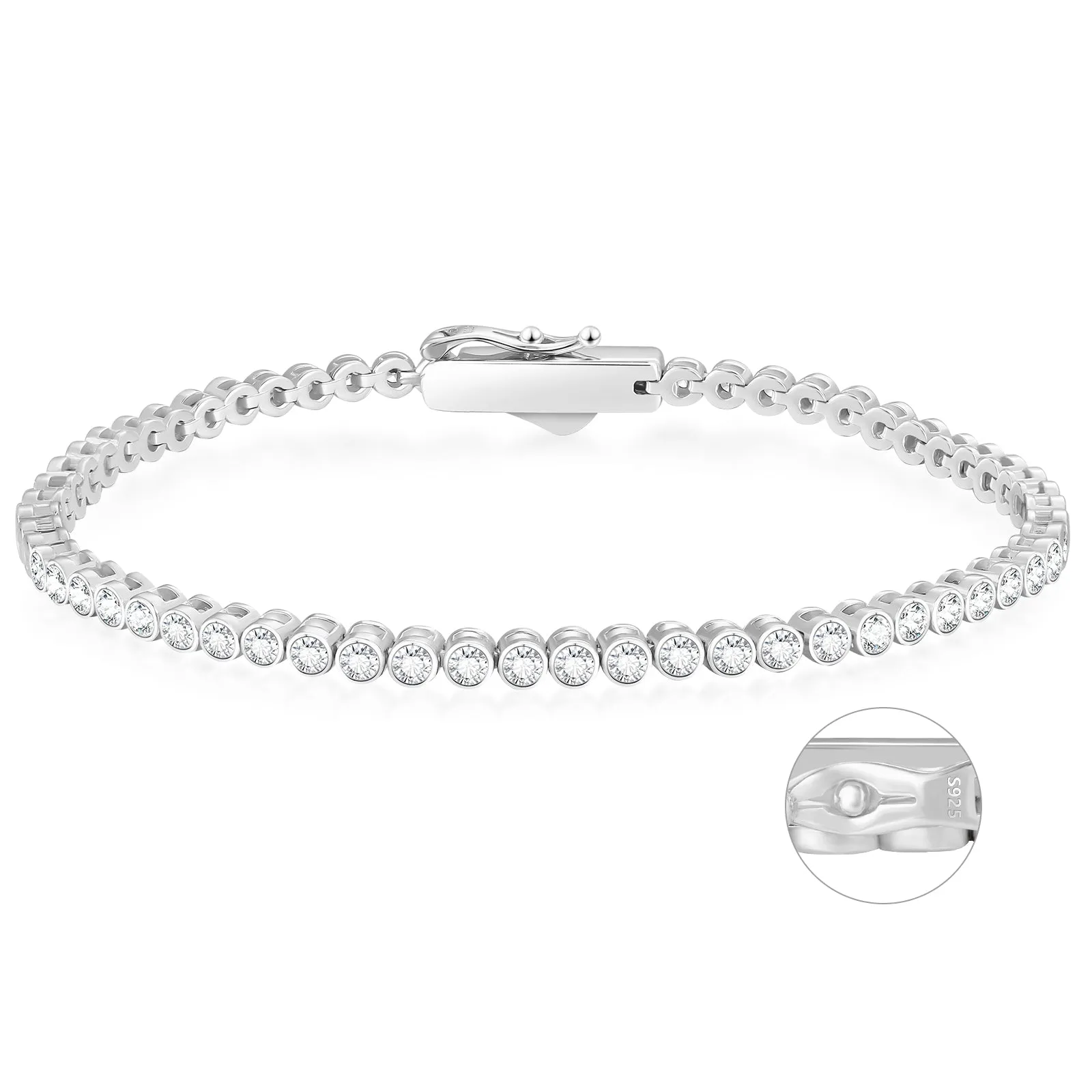 【NEW】2mm 925 Sterling Silver CZ Round Cut Tennis Bracelet KRKC