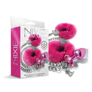 Nixie Metal Butt Plug & Furry Handcuff Set Medium Pink Metallic | Kinky