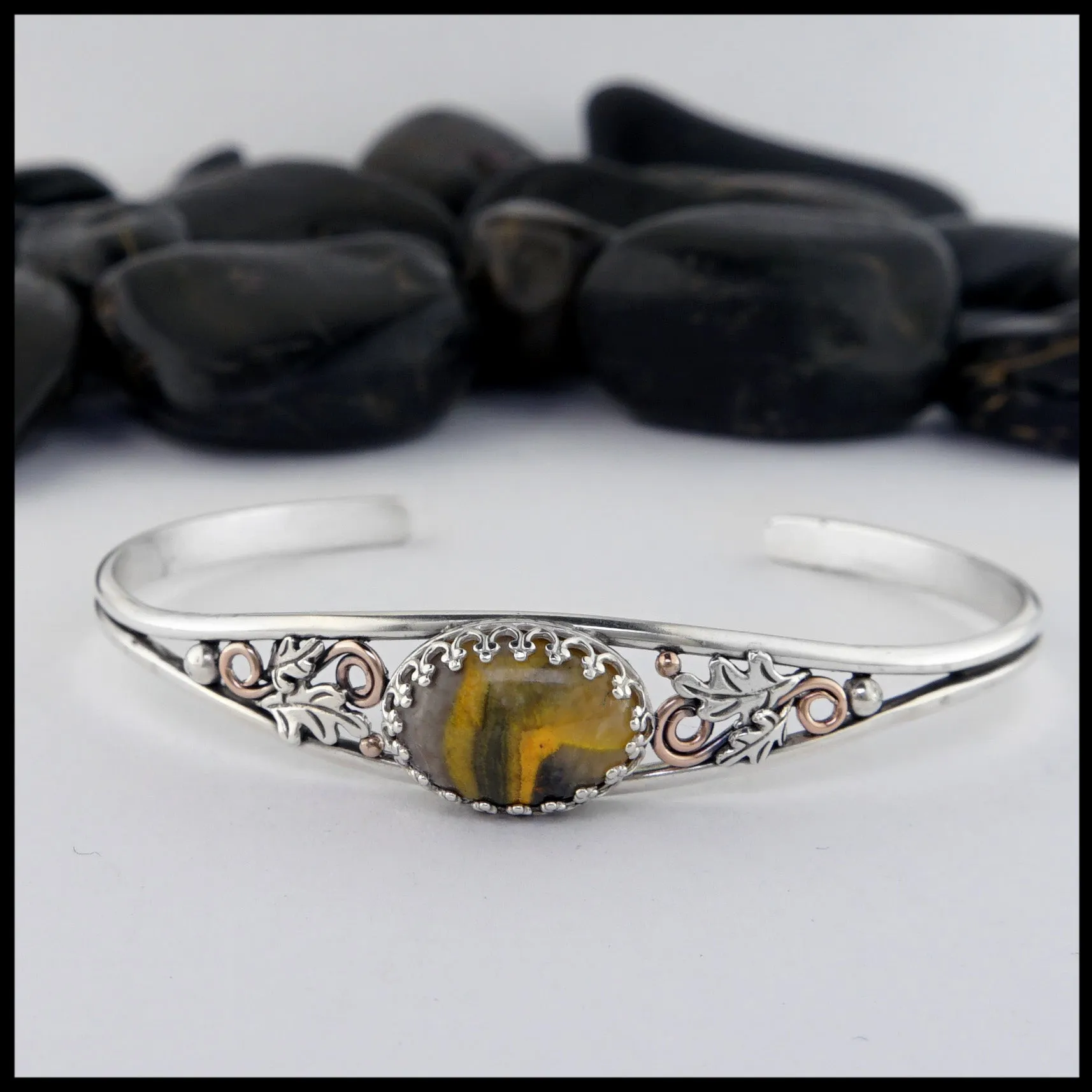 Oak Leaf Cuff Bracelet with Bumblebee Jasper