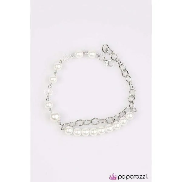 Paparazzi Take The Stage White Faux Pearls Silver Crystal Paparazzi Bracelet